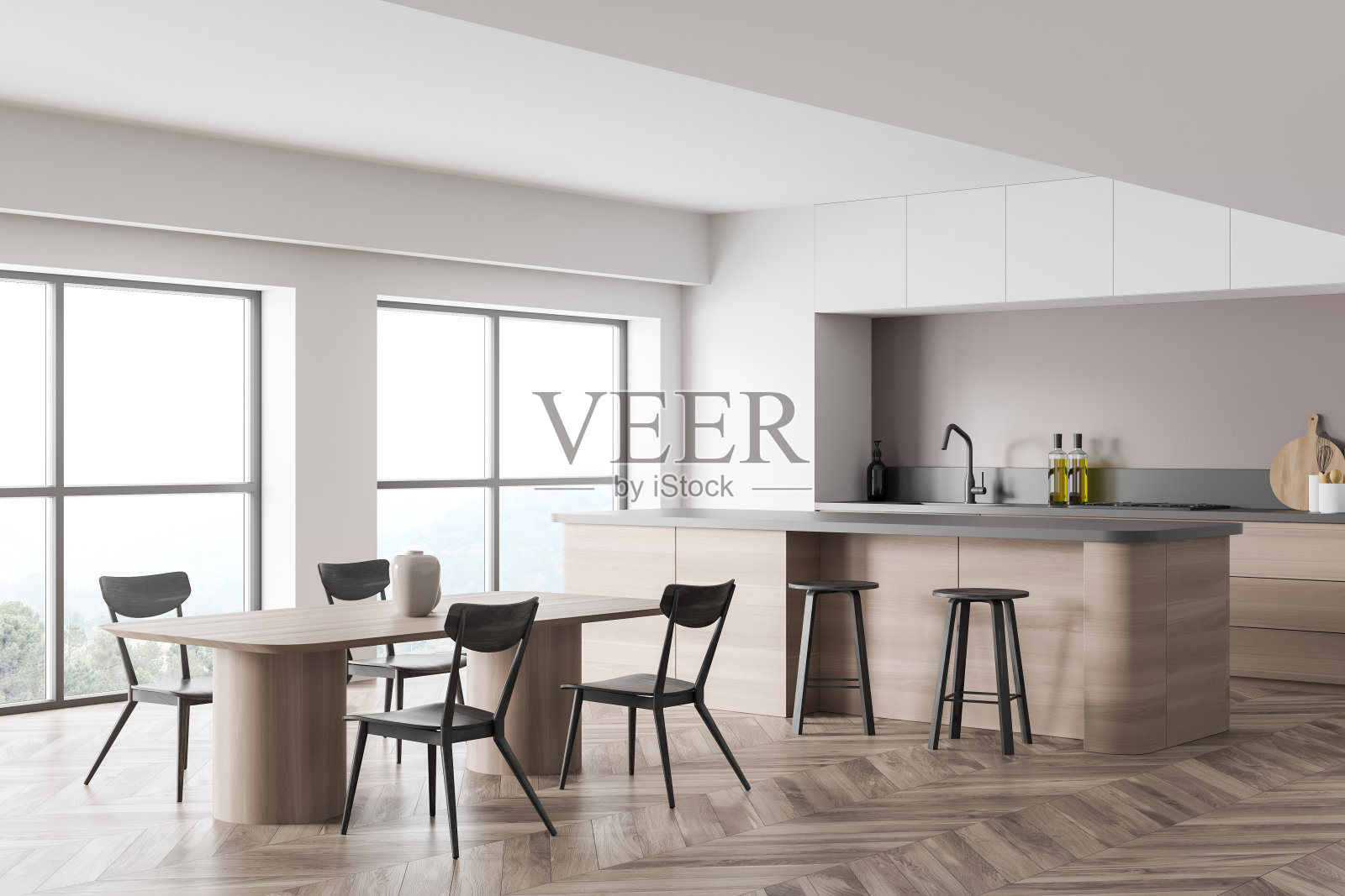 角落视图明亮的厨房室内与四把椅子照片摄影图片