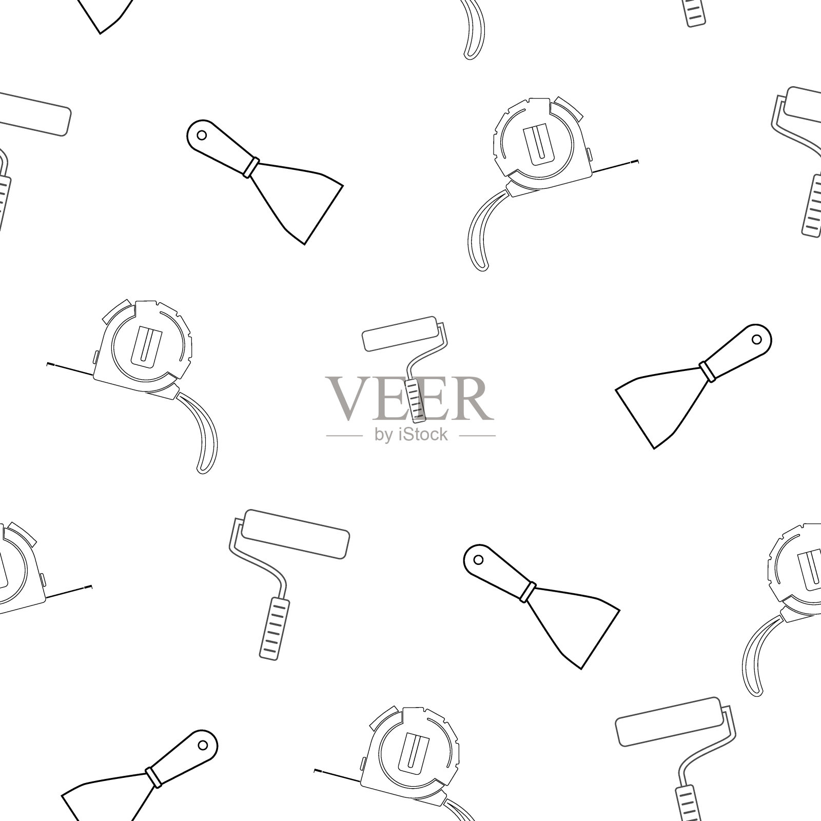 卷尺、施工抹刀、涂装用滚筒图案。线性设计。在白色背景上。任何专家的工具。平面向量插图。插画图片素材