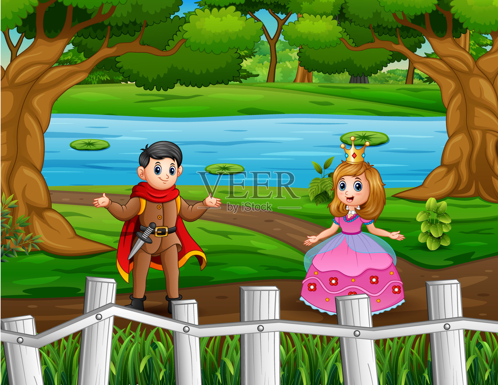 一对甜蜜的王子和公主走在土路上插画图片素材