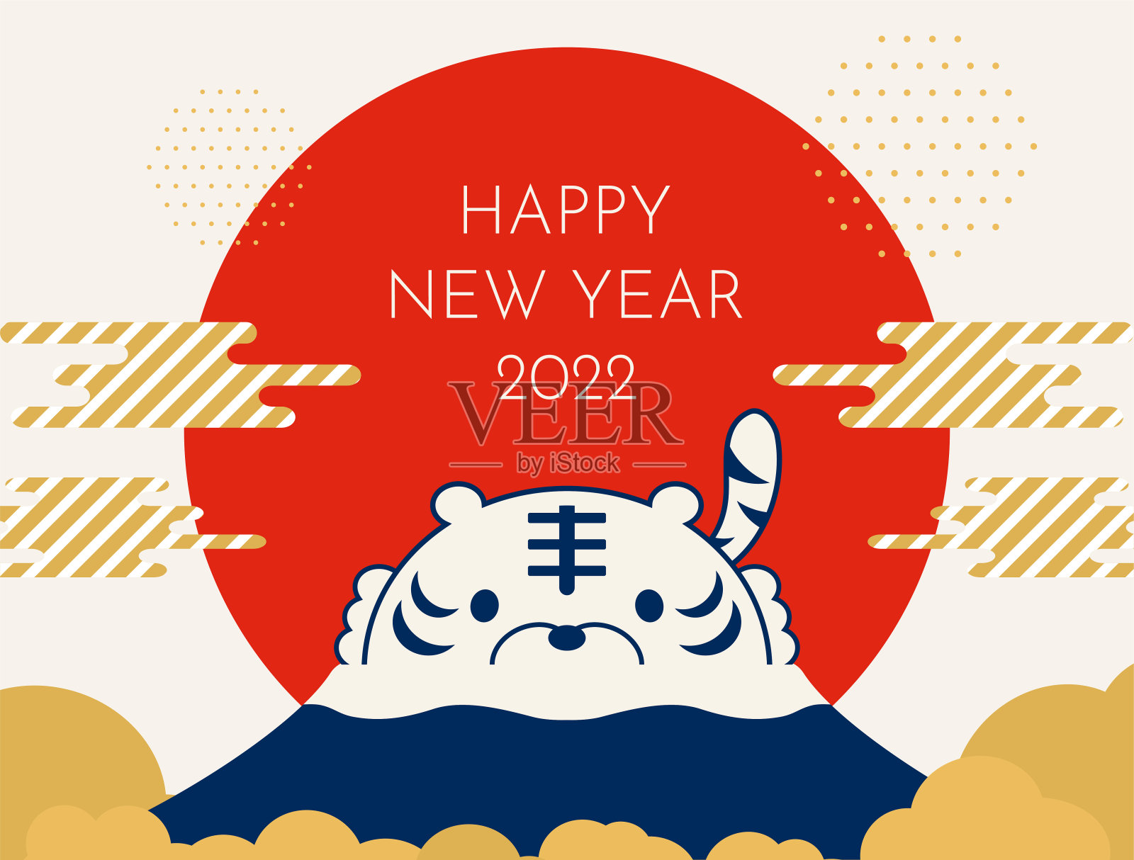 2022新年贺卡设计：生肖虎与富士山设计模板素材