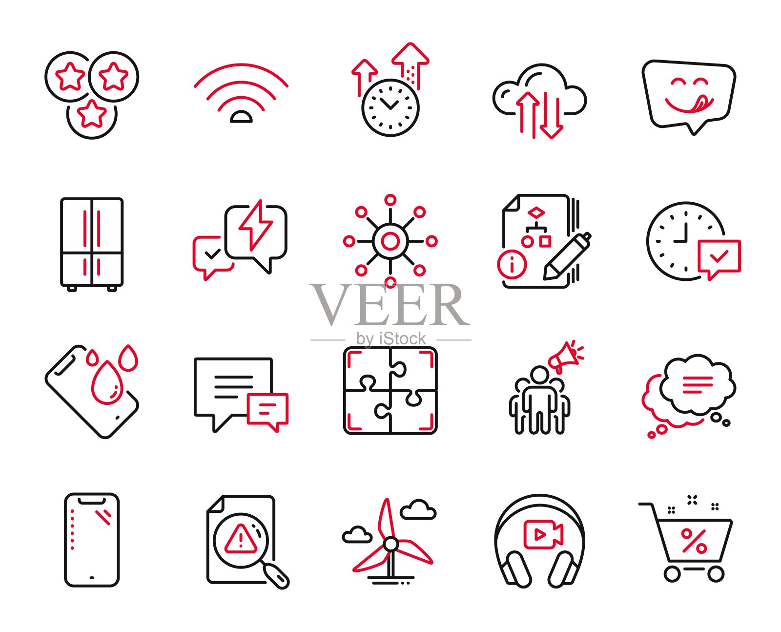 与选择报警，评论和智能手机防水相关的技术图标向量集。向量图标素材
