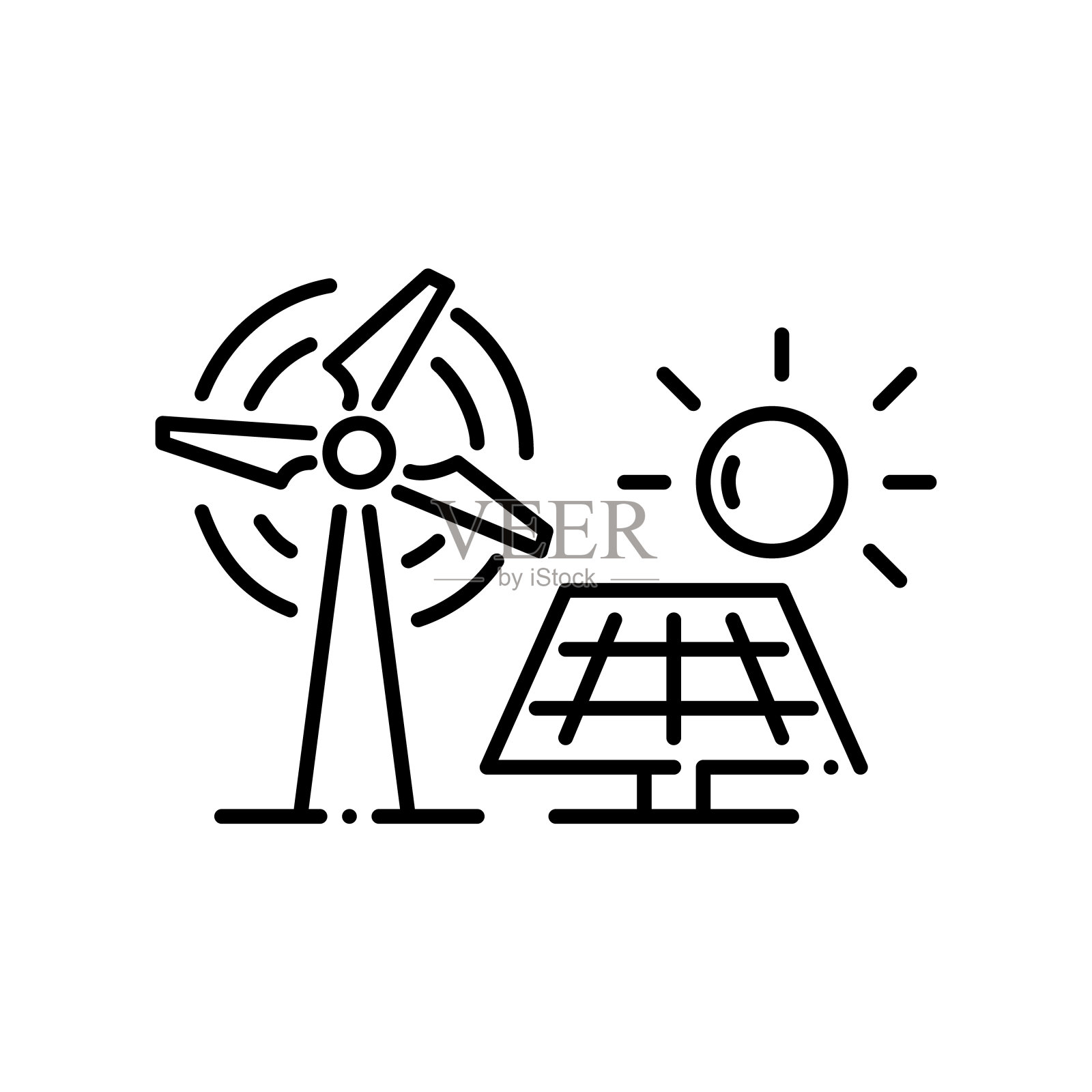 替代能源。风车和太阳能电池板。可持续发展的可再生能源。完美的像素，可编辑的stroke图标插画图片素材