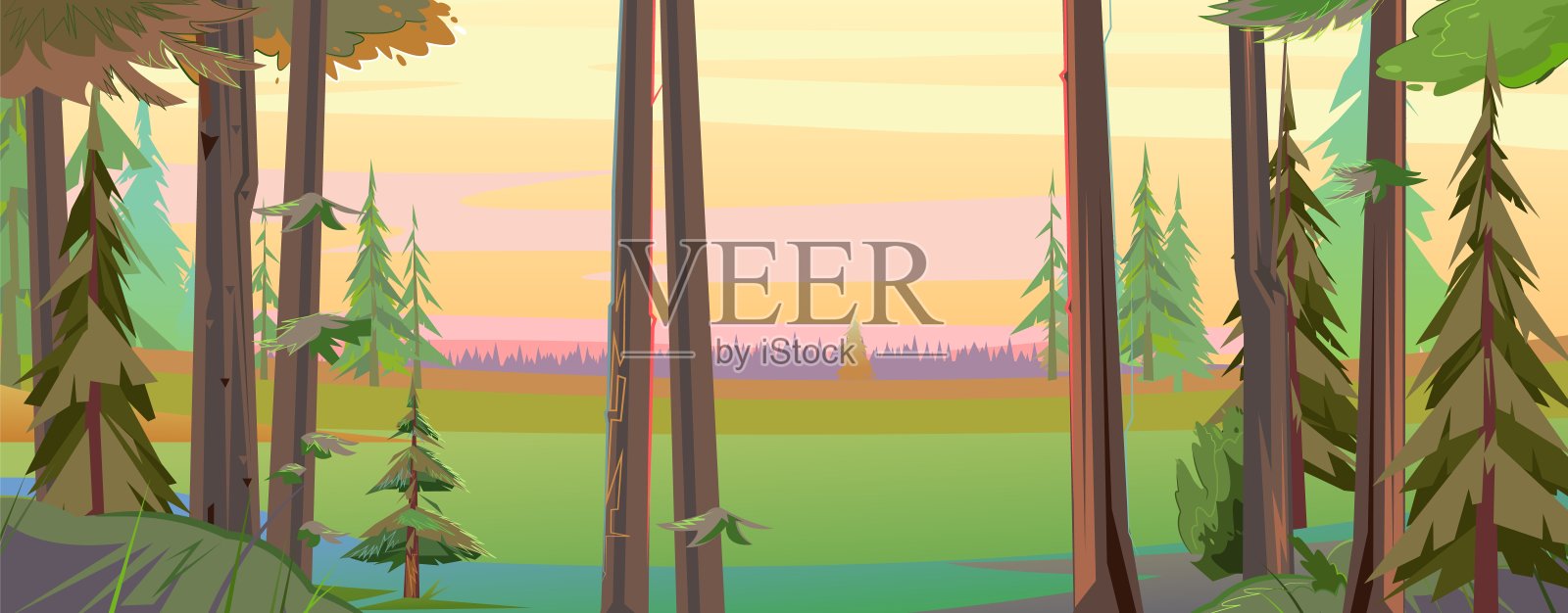 大自然的美景。无论是在早晨还是傍晚，都能看到美丽的夏日风景。插图在卡通风格的平面设计。向量插画图片素材