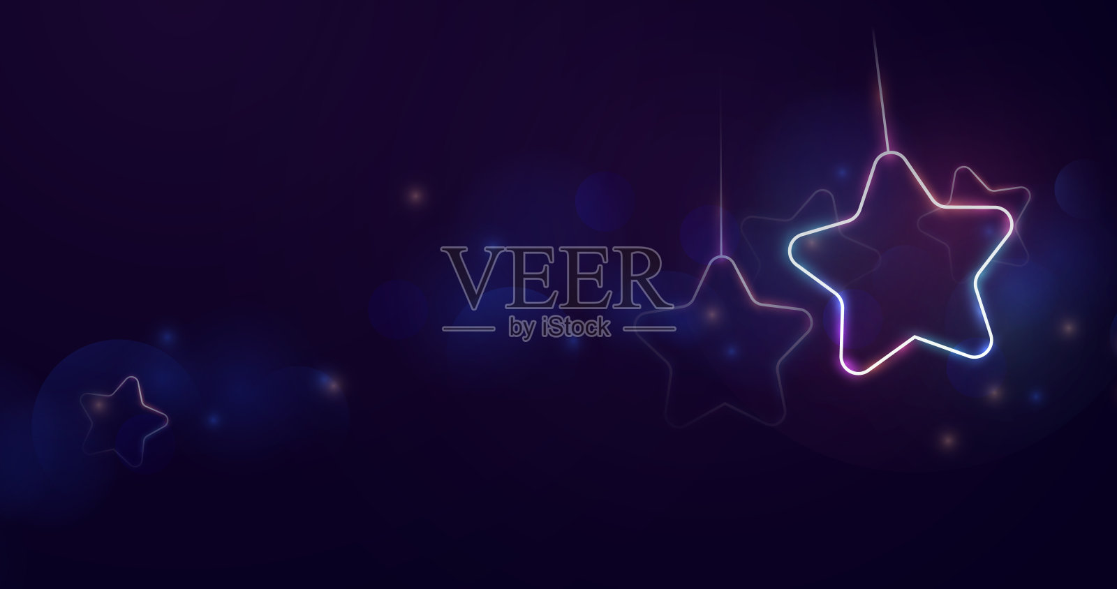 圣诞快乐，恭贺新禧。星星的装饰物挂在深蓝色的背景上。横幅，海报，卡片，标题，网站插画图片素材