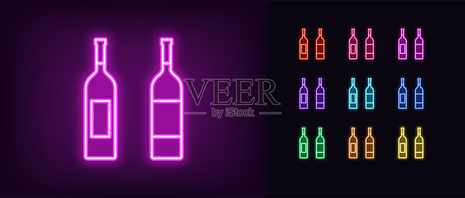 勾勒霓虹灯酒瓶图标。发光的霓虹灯酒店招牌，色彩鲜艳的酒类象形图插画图片素材