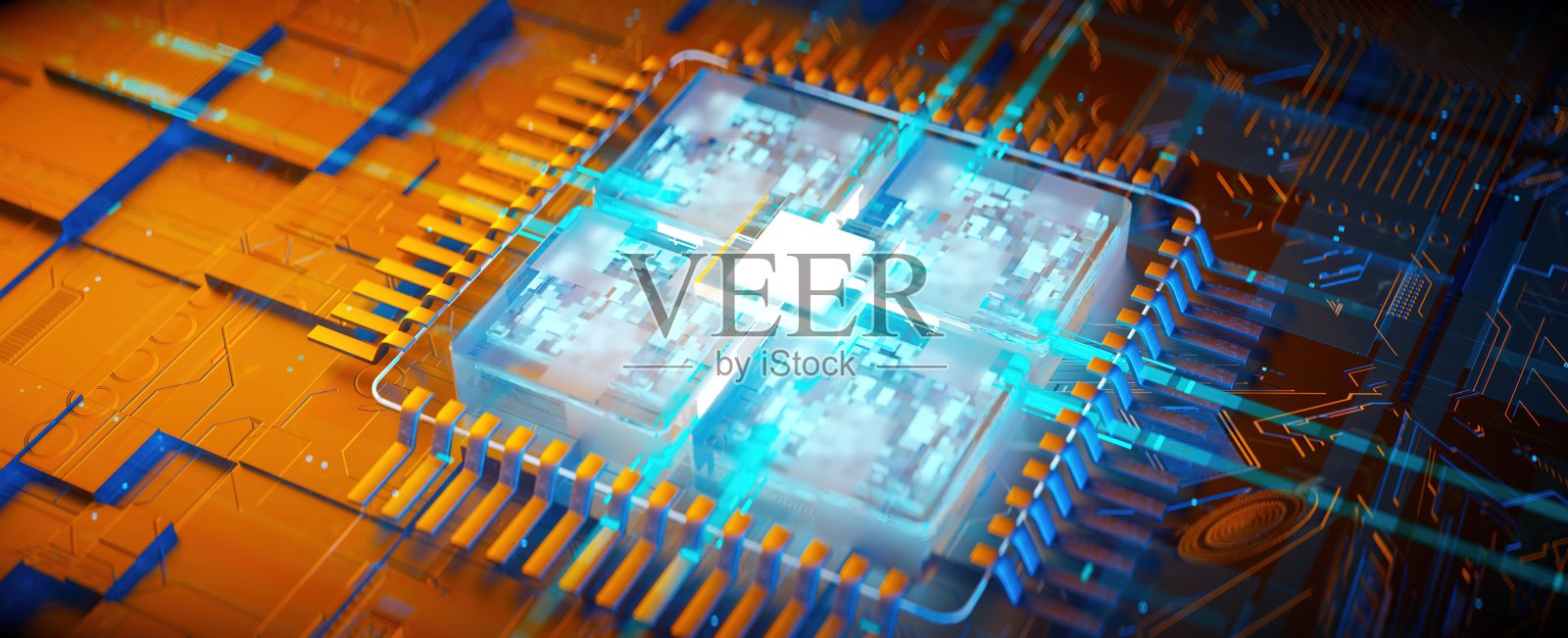 赛博朋克AI的3D渲染。电路板。技术背景。中央计算机处理器CPU和GPU的概念。数字芯片主板。技术科学背景。照片摄影图片