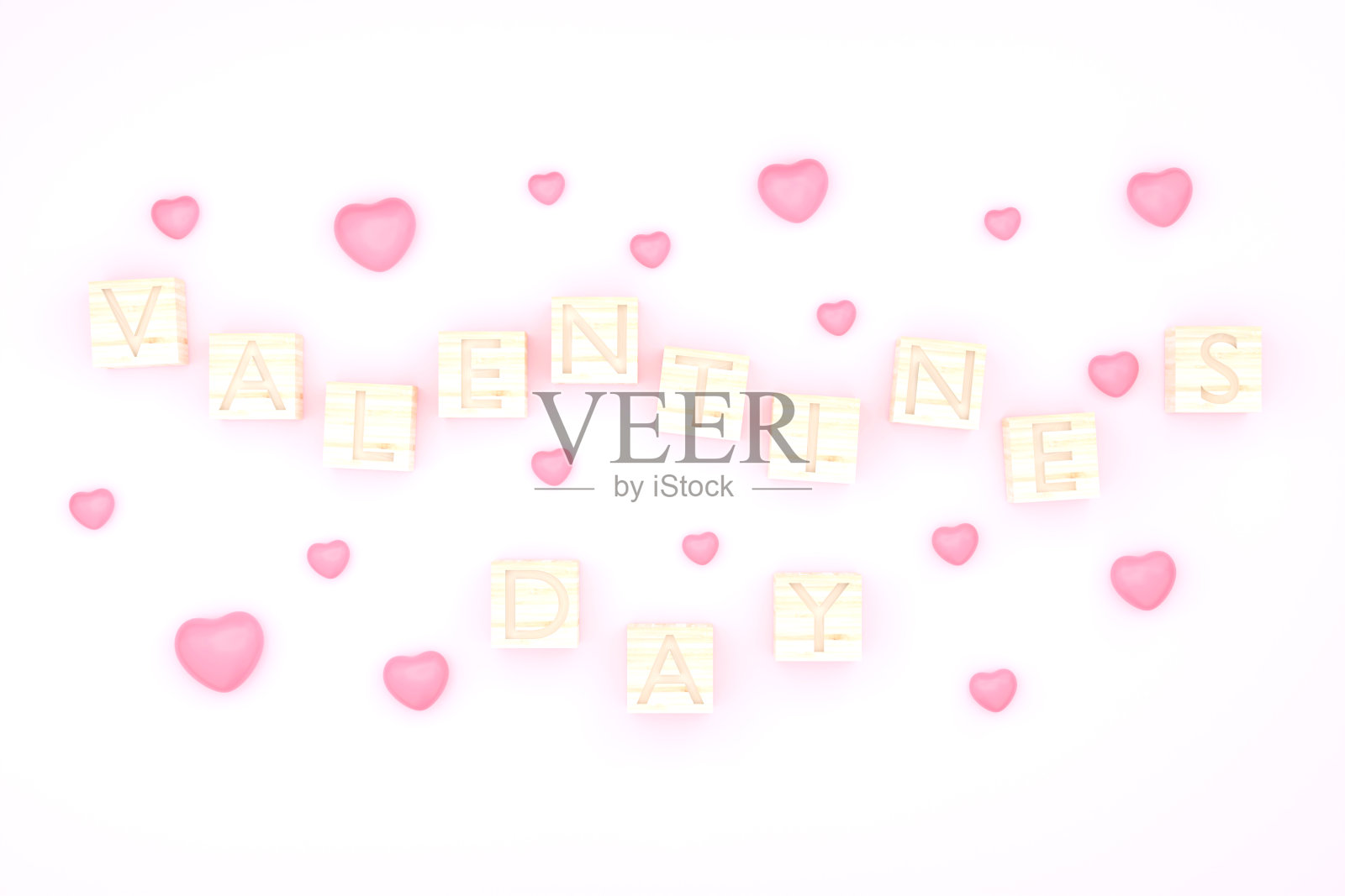 情人节木制方块和粉色心形背景照片摄影图片