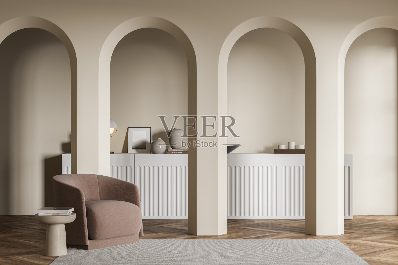 客厅室内有扶手椅，咖啡桌和台灯照片摄影图片