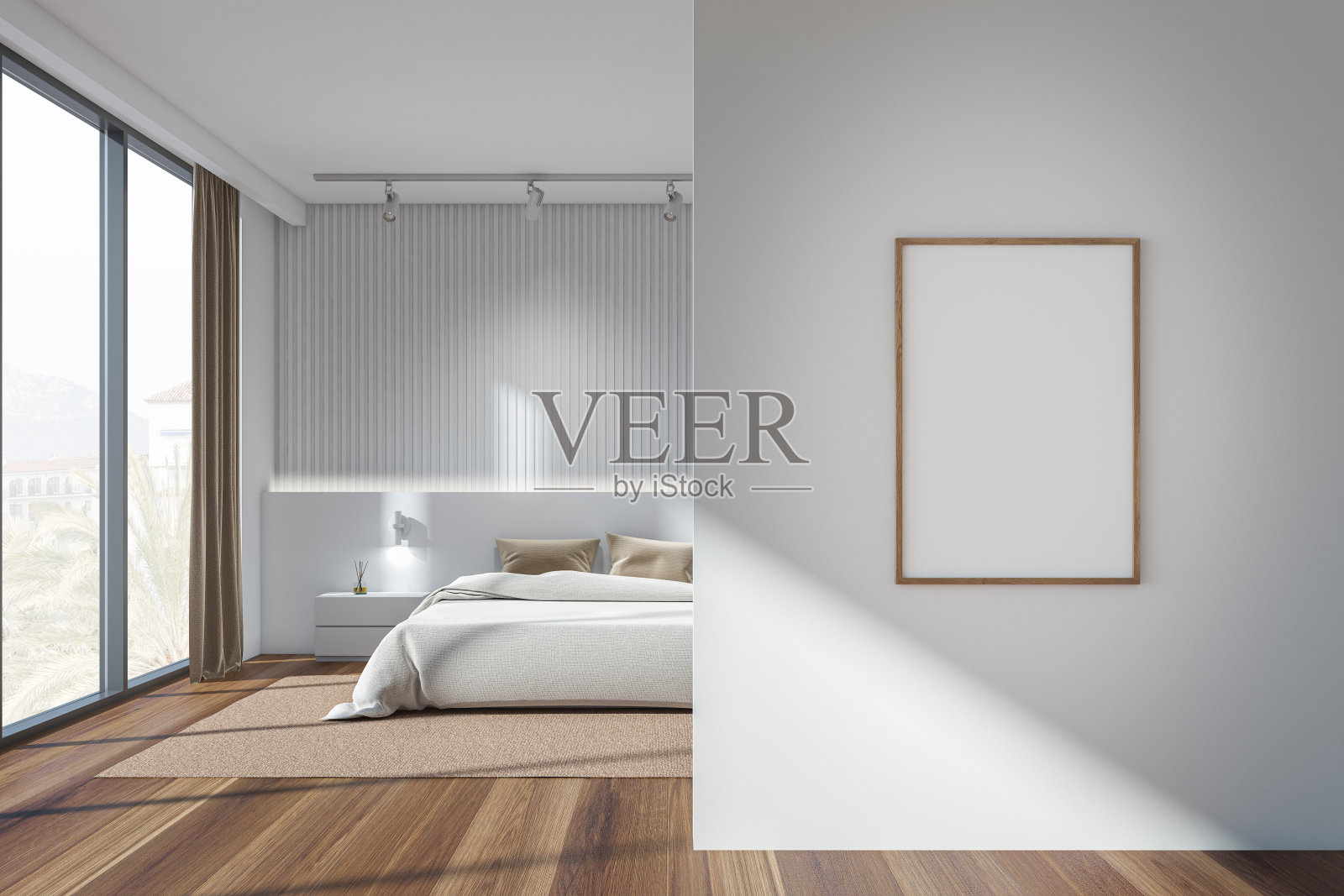 明亮的卧室内部与空的白色海报，全景窗口照片摄影图片