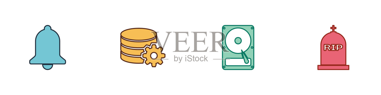 设置铃声，设置数据库服务器，硬盘驱动器HDD和墓碑与RIP写图标。向量插画图片素材