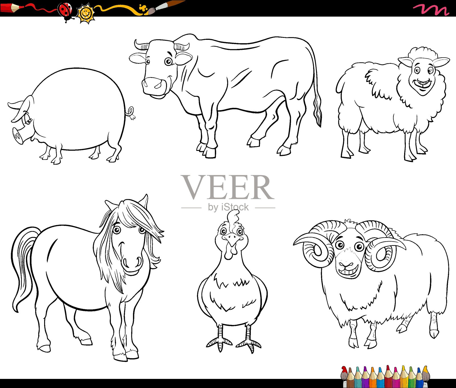 卡通农场动物人物设定着色插画图片素材