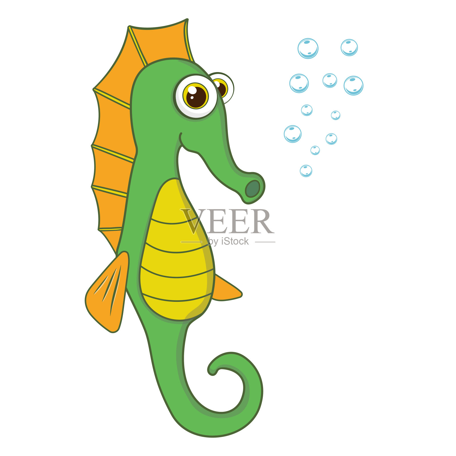 卡通人物海马孤立在白色背景。热带水下水生生物。可爱的海洋鱼模板。儿童学习动物的教育卡。卡通风格的矢量设计。插画图片素材