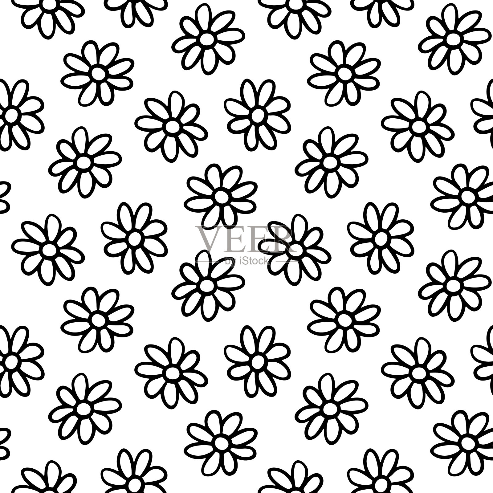 黑色轮廓线形的小洋甘菊花孤立在白色的背景上。可爱的单色花卉无缝图案。矢量简单平面图形手绘插图。纹理。插画图片素材