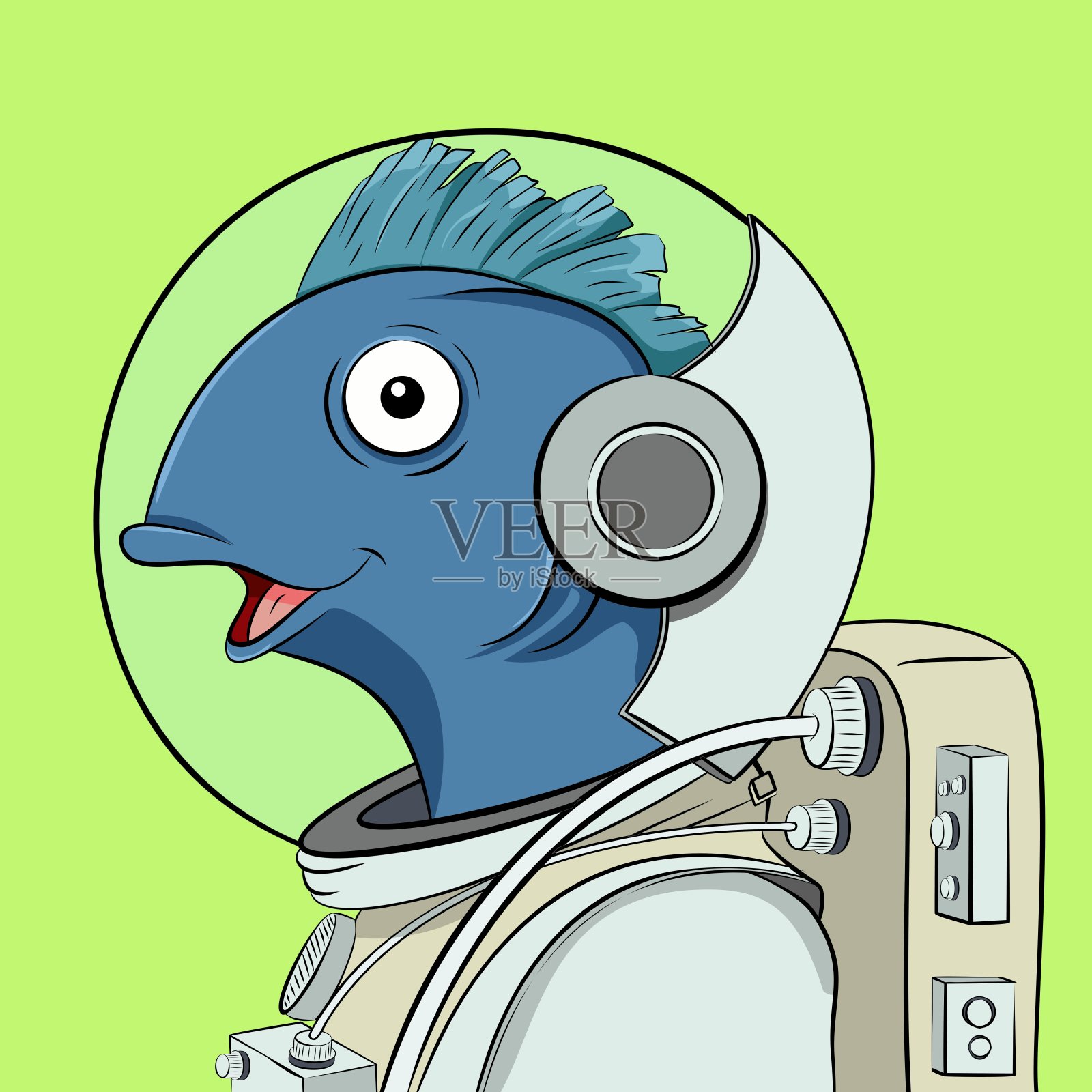 穿着太空服的鱼头。吉祥物卡通人物。插画图片素材