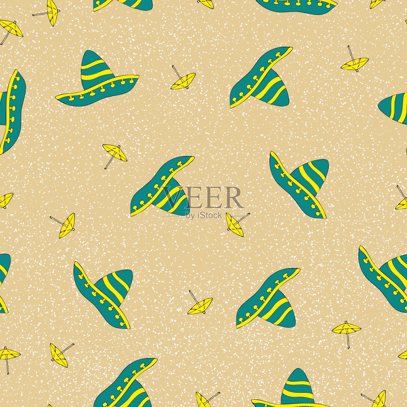 墨西哥帽绿色帽和鸡尾酒黄色伞在沙滩上。矢量图插画图片素材