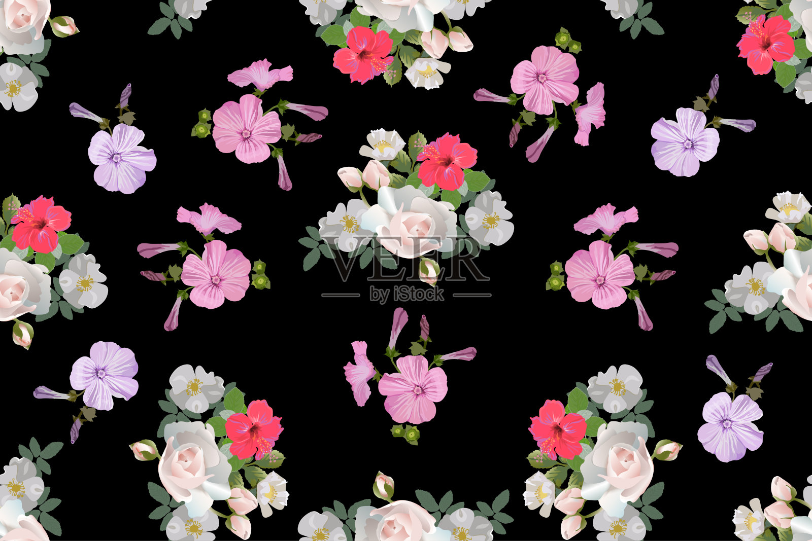 矢量花明亮无缝图案面料设计。花束折，木槿，矮牵牛插画图片素材