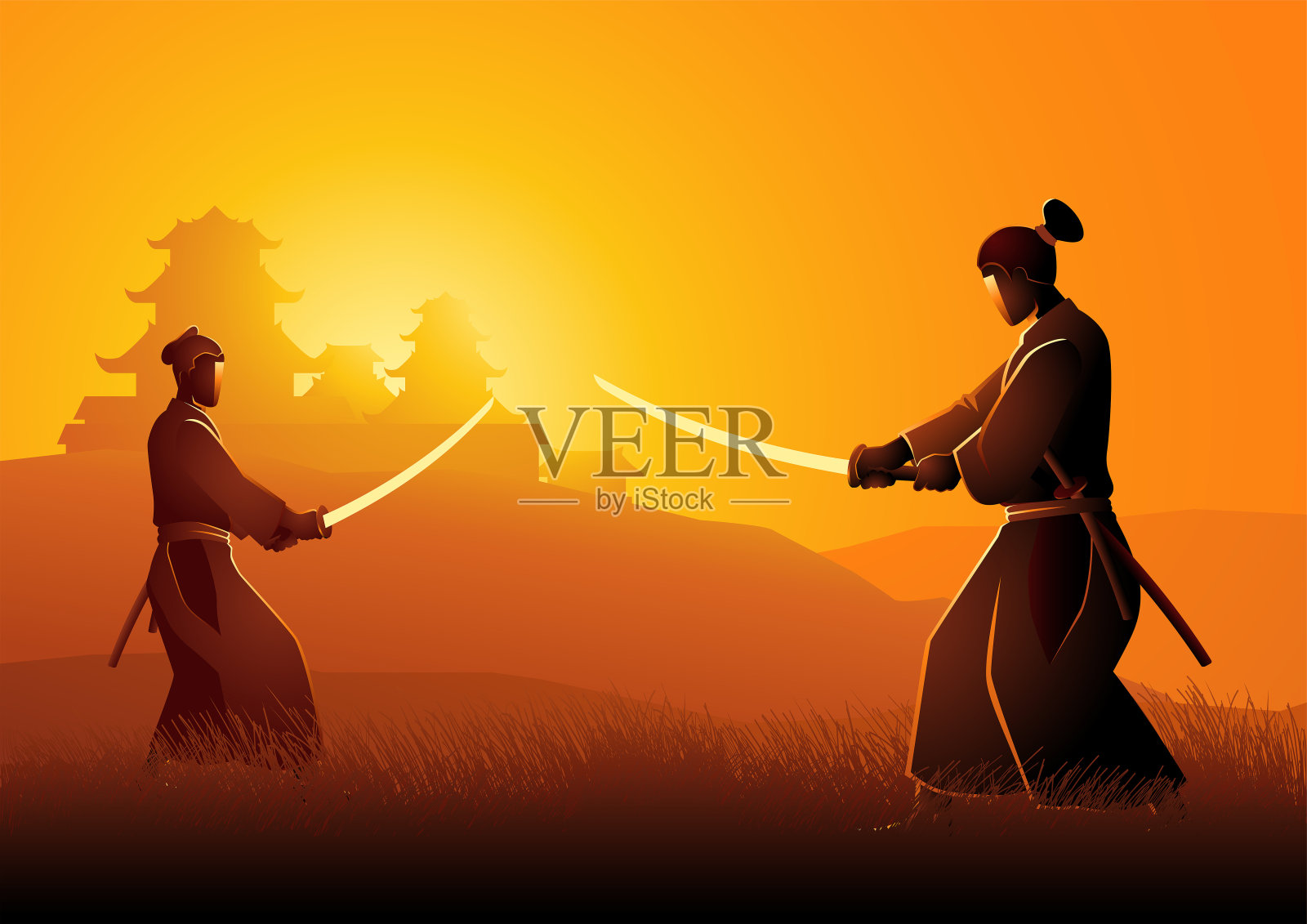 两个武士在草地上以决斗的姿势对峙插画图片素材
