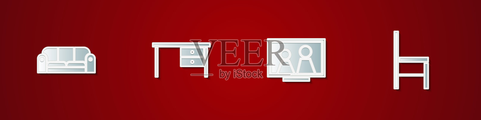 设置沙发，办公桌，相框上的桌子和椅子图标。向量图标素材