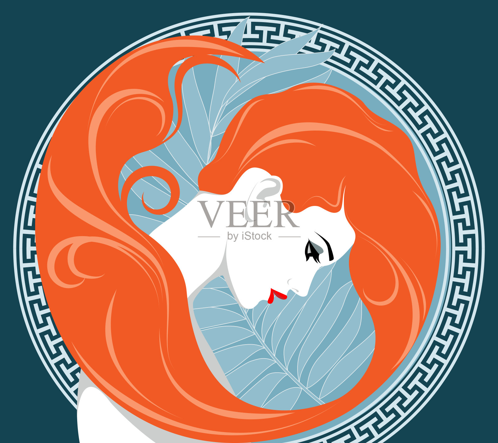 圆形装饰框内的红发女子插画图片素材