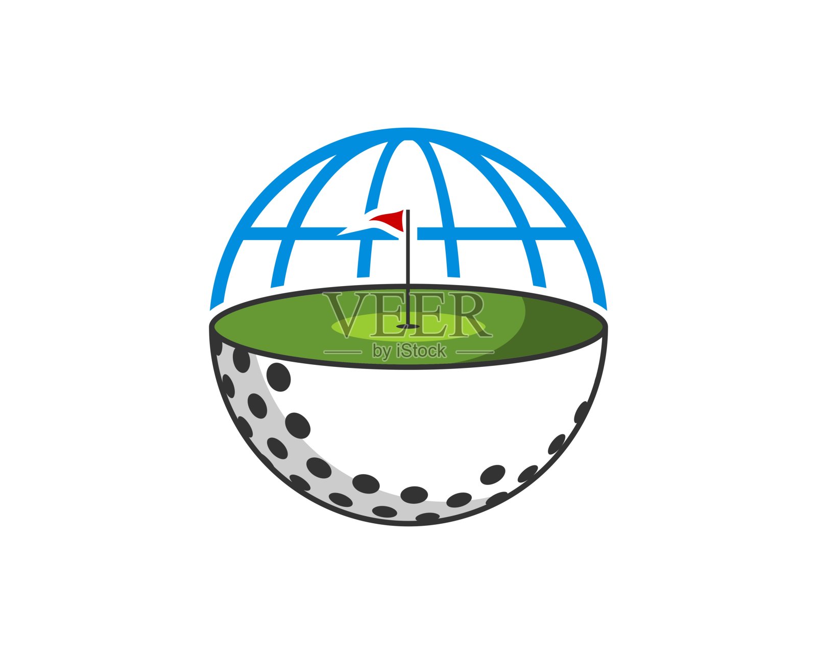 半高尔夫球，带场地，里面有抽象的球体插画图片素材