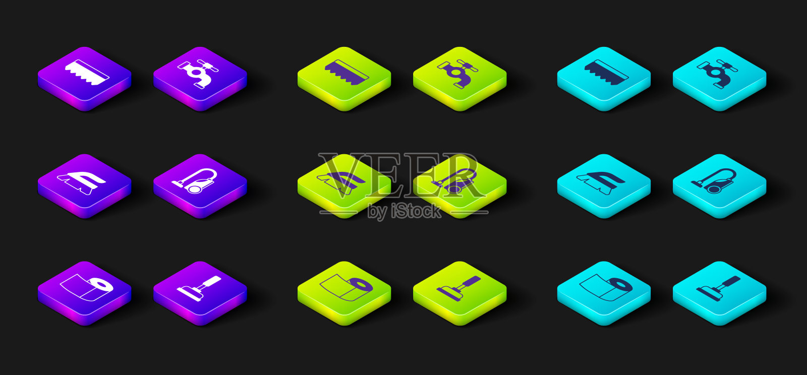 设置卫生纸卷，橡胶柱塞，清洁刷，吸尘器，水龙头和海绵图标。向量图标素材