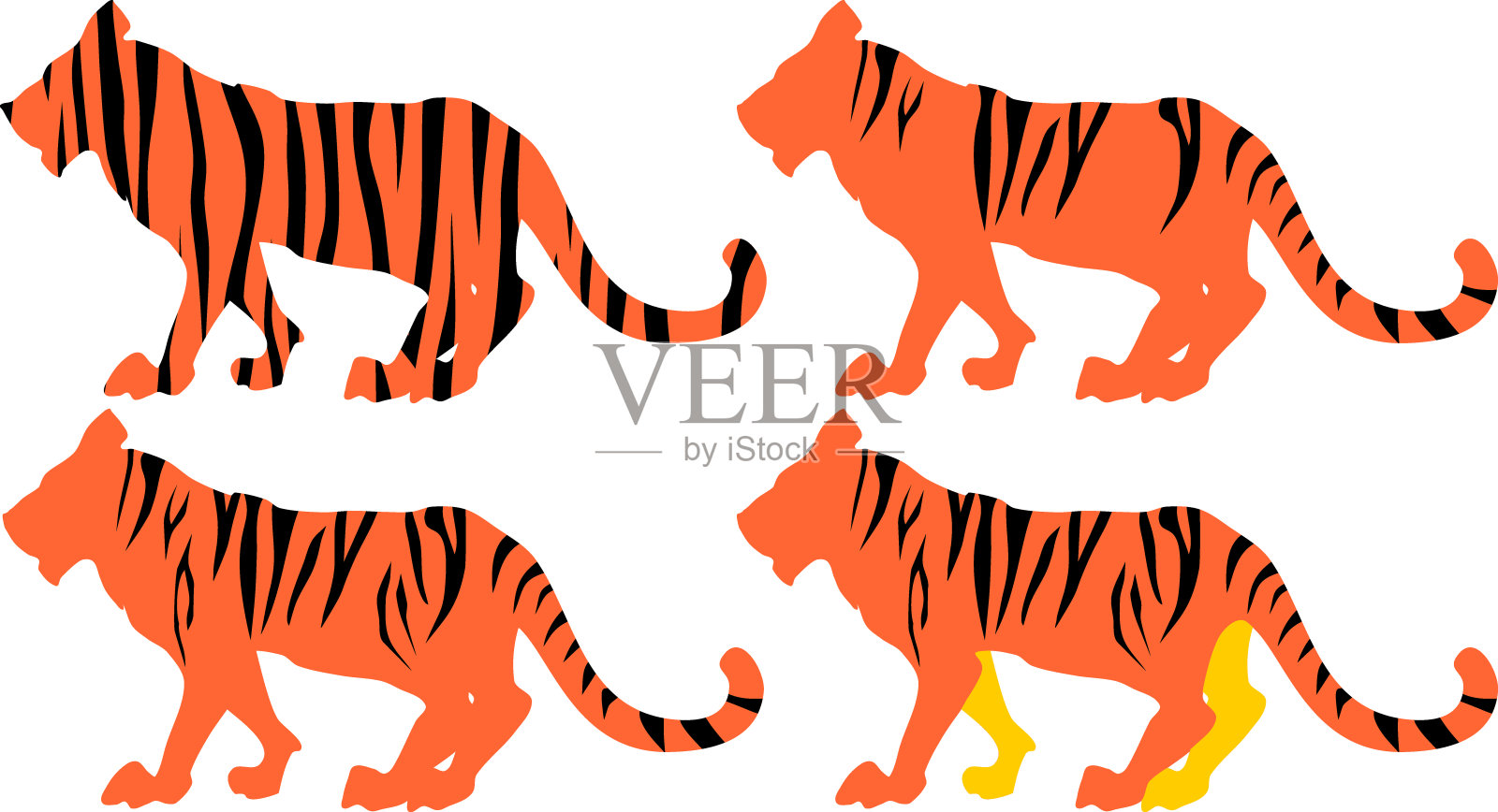 一套条纹卡通老虎剪影孤立的白色背景插画图片素材