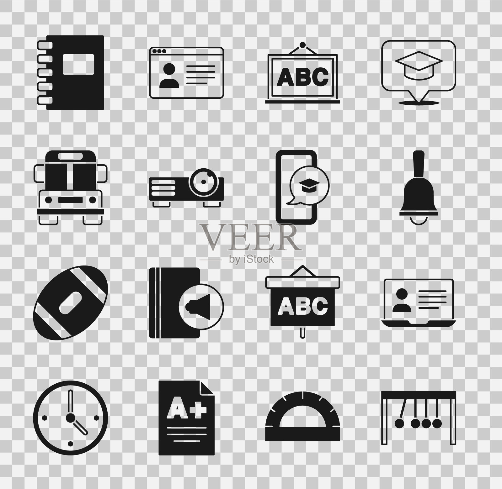 设置钟摆，在线课程，铃声，黑板，电影，电影，媒体投影仪，校车，螺旋笔记本和毕业帽的移动图标。向量图标素材