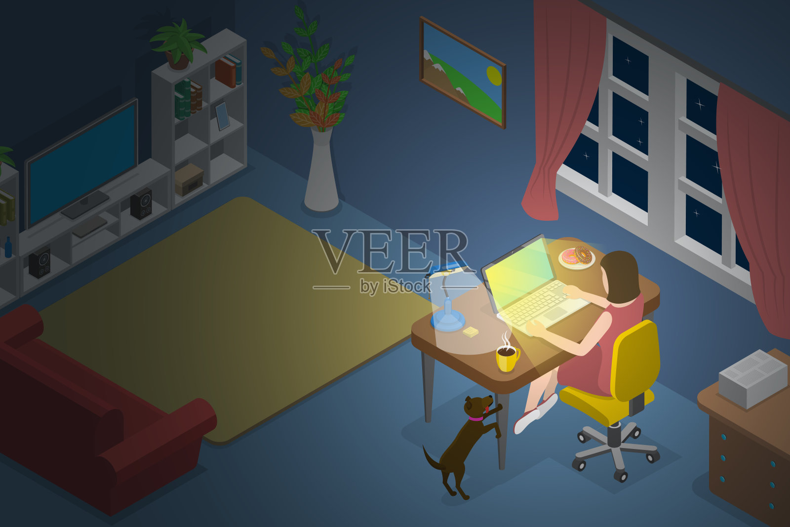 3D等距平面矢量概念插图工作晚从家里插画图片素材