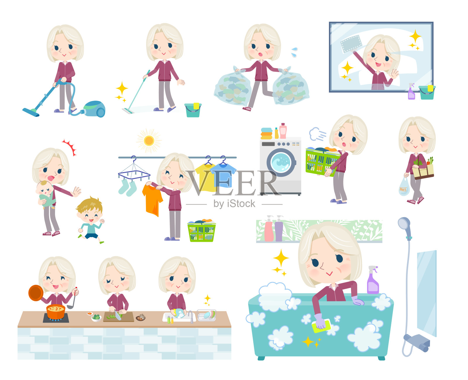 一套穿紫色运动衫的老妇人，与打扫和洗衣等家务有关插画图片素材