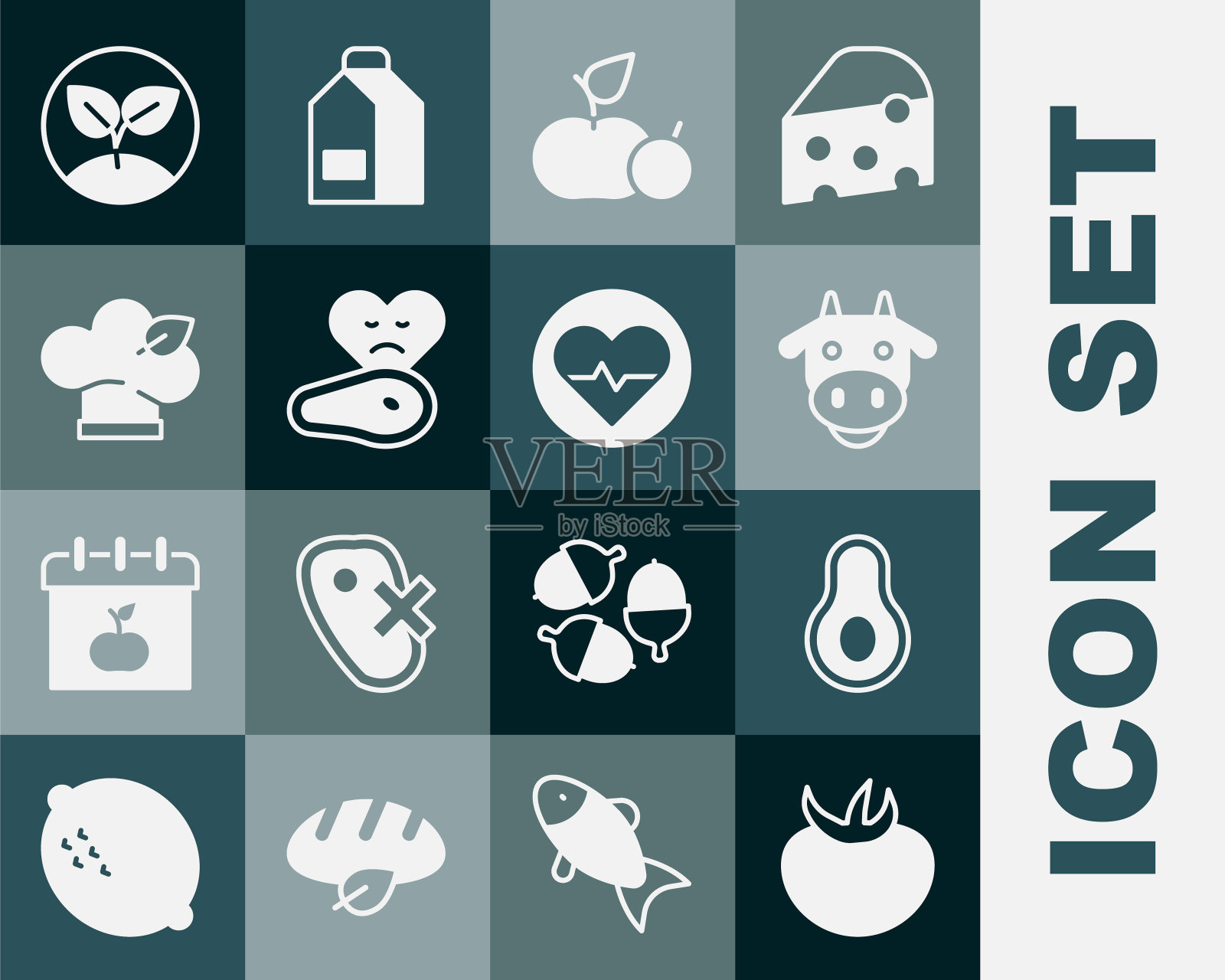 设置番茄，鳄梨水果，牛头，苹果，牛排，素食饮食，萌芽和心率图标。向量图标素材