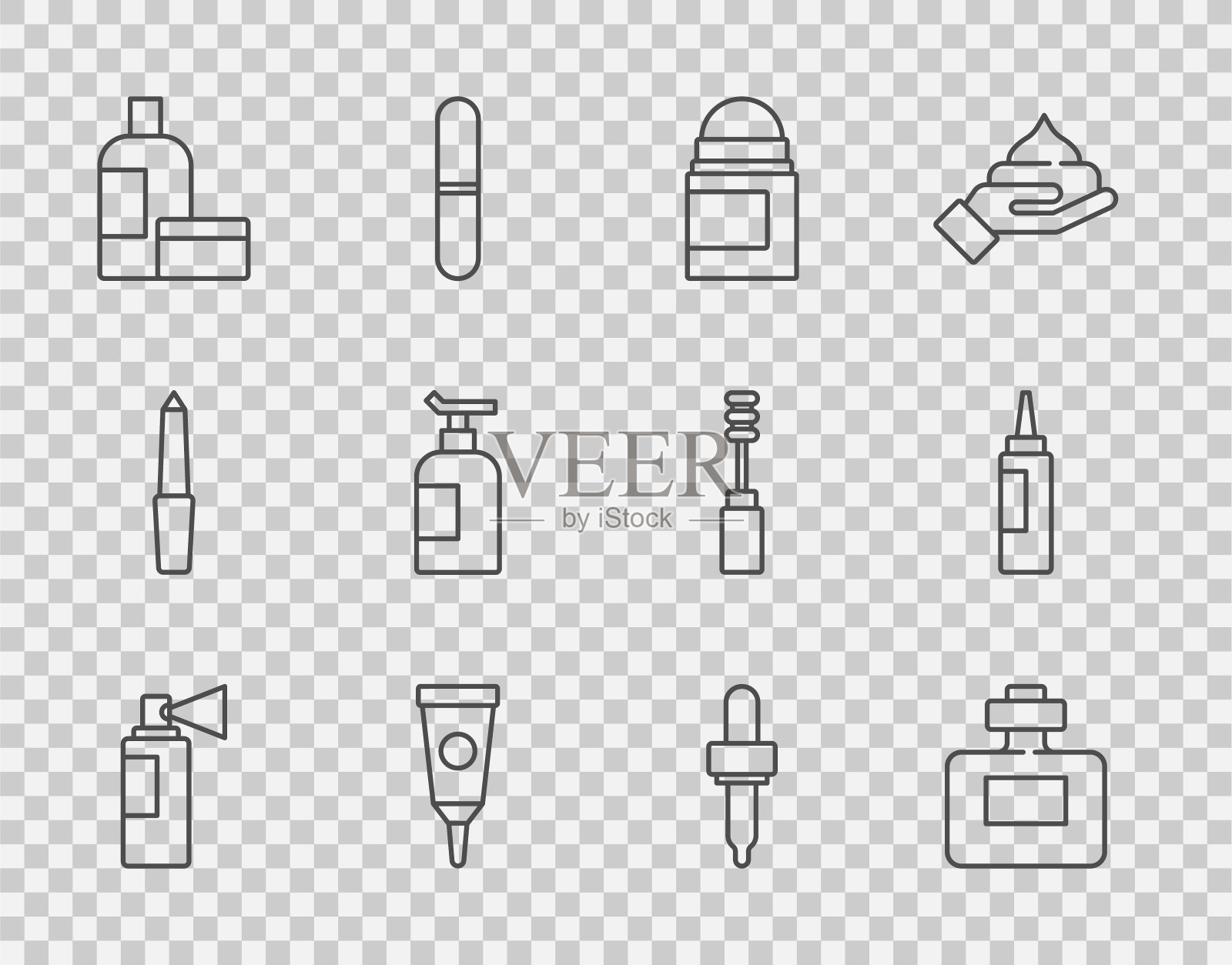 Set line香水，止汗除臭剂卷，霜乳液化妆品管，吸管和图标。向量图标素材