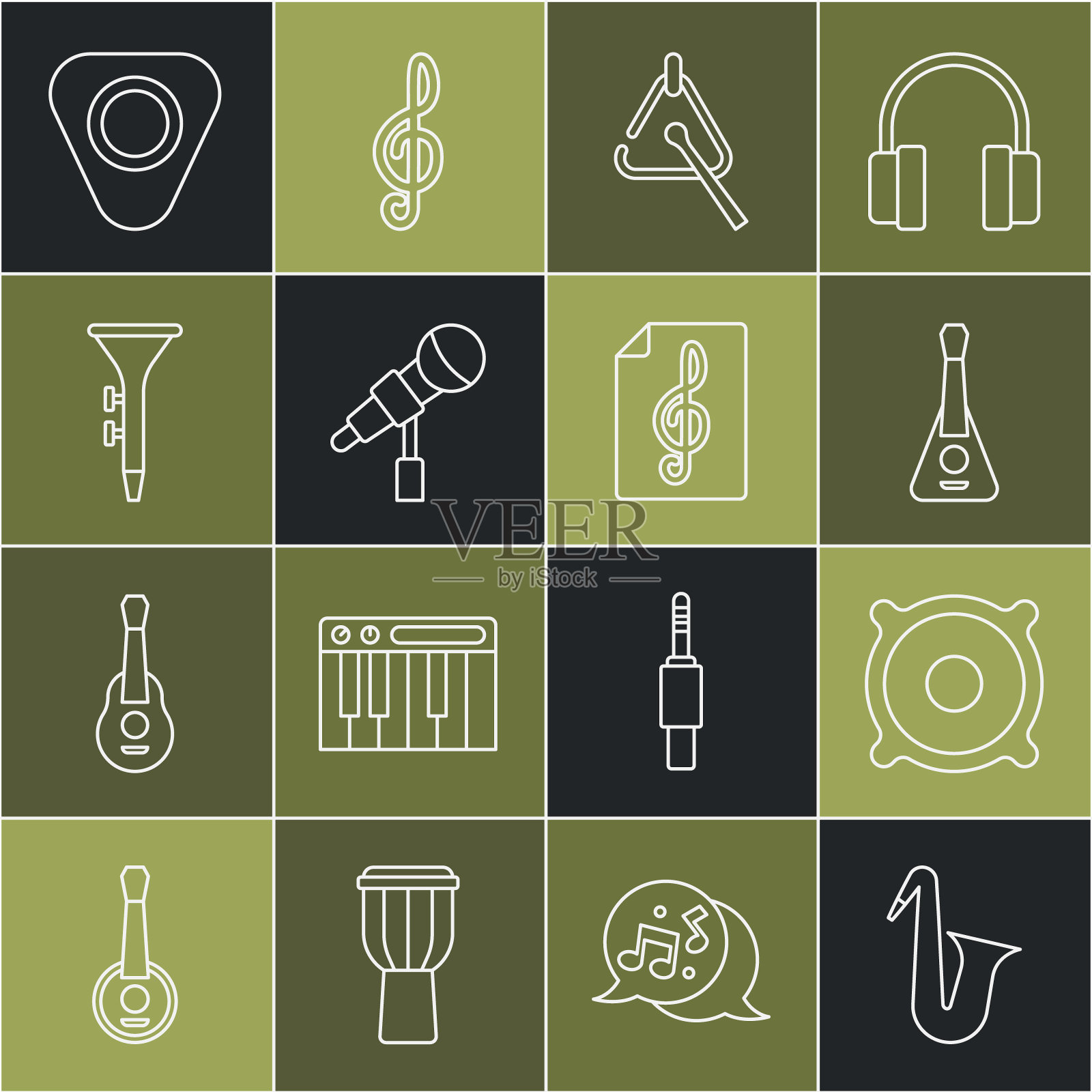 设置线乐器萨克斯，立体声喇叭，吉他，三角，麦克风，鼓和鼓槌，拾取和高音谱号图标。向量图标素材