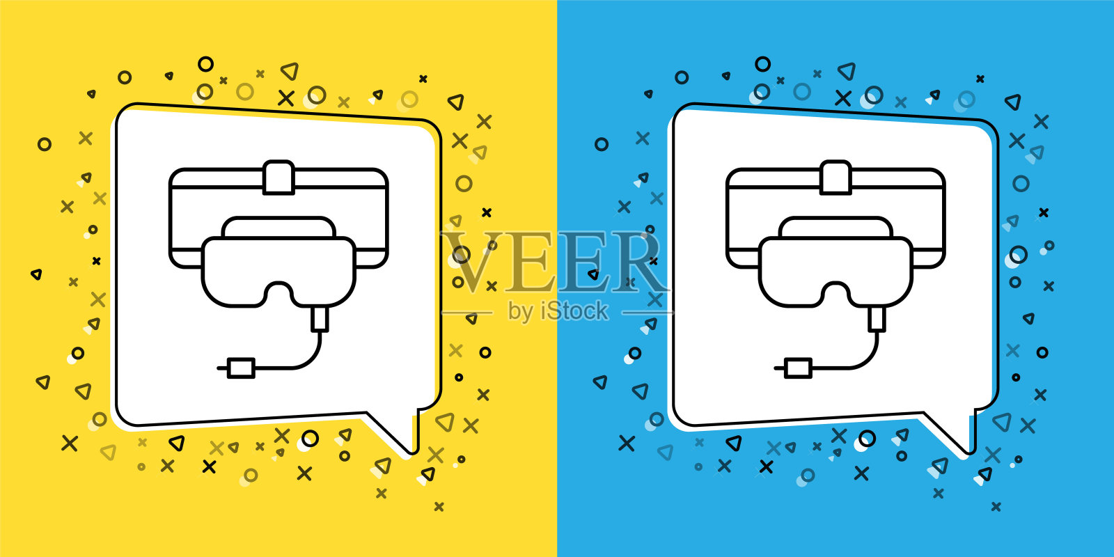 设置线虚拟现实眼镜图标孤立的黄色和蓝色背景。立体3d虚拟现实面具。向量插画图片素材