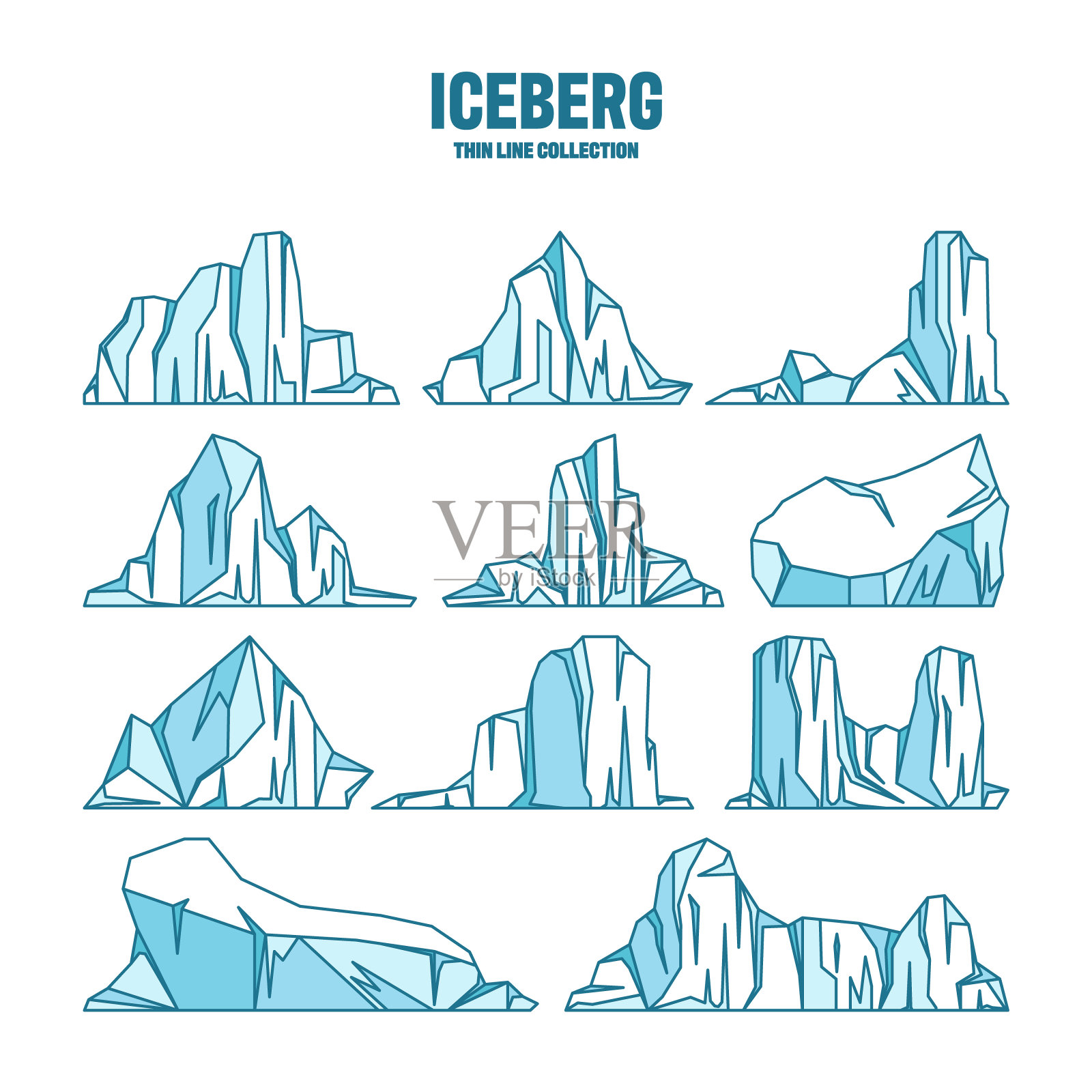 漂浮冰山素描集。漂流的北极冰川，冰冻的海水块。冰雪覆盖的山脉。融冰的峰值。南极的景观。轮廓图。矢量图插画图片素材