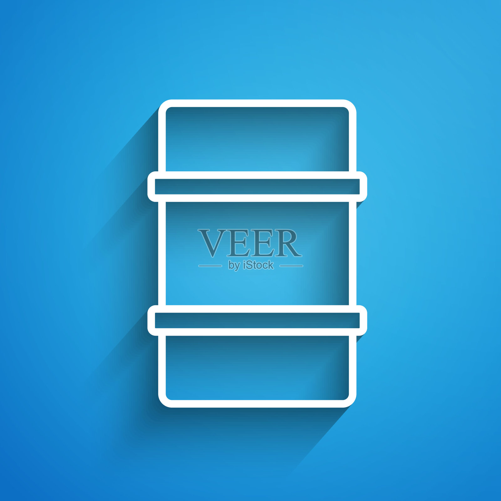 白线金属啤酒桶图标孤立在蓝色的背景。长长的阴影。向量图标素材