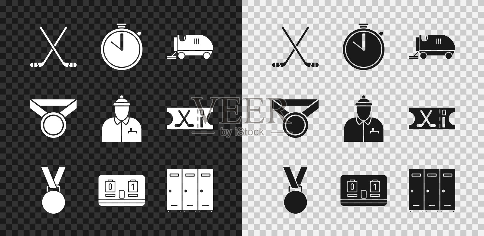 设置冰上曲棍球棒，秒表，表面，奖牌，曲棍球机械计分板，更衣室更衣室，和教练图标。向量图标素材