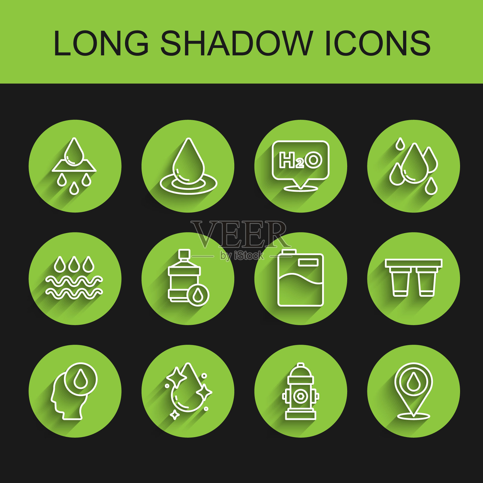 设置线水滴，回收清洁水，消防栓，位置，大瓶水，过滤器和图标。向量图标素材