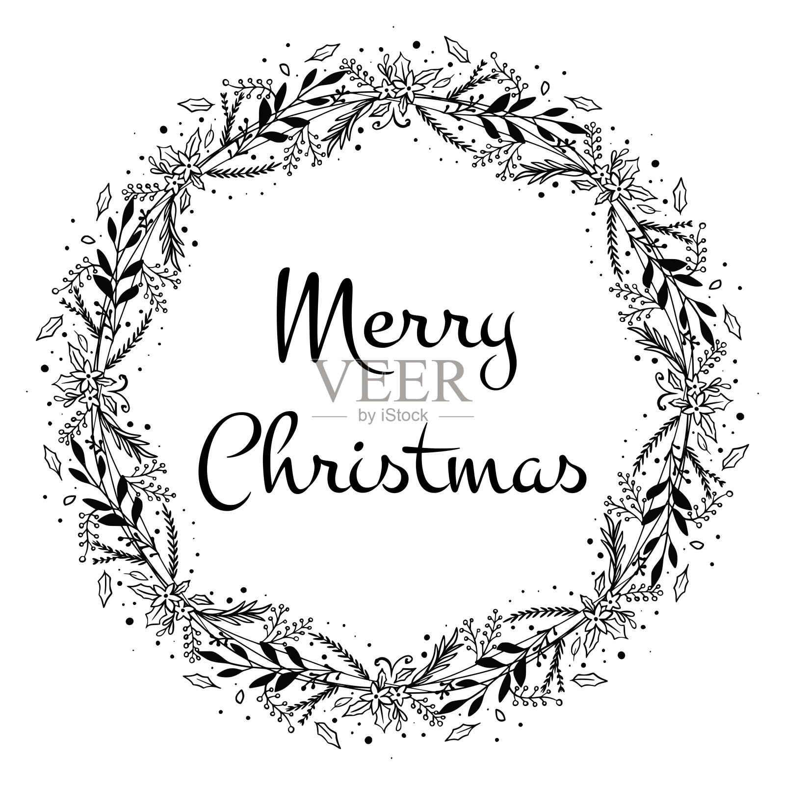 古董雕刻圣诞花环插图。手绘。插画图片素材