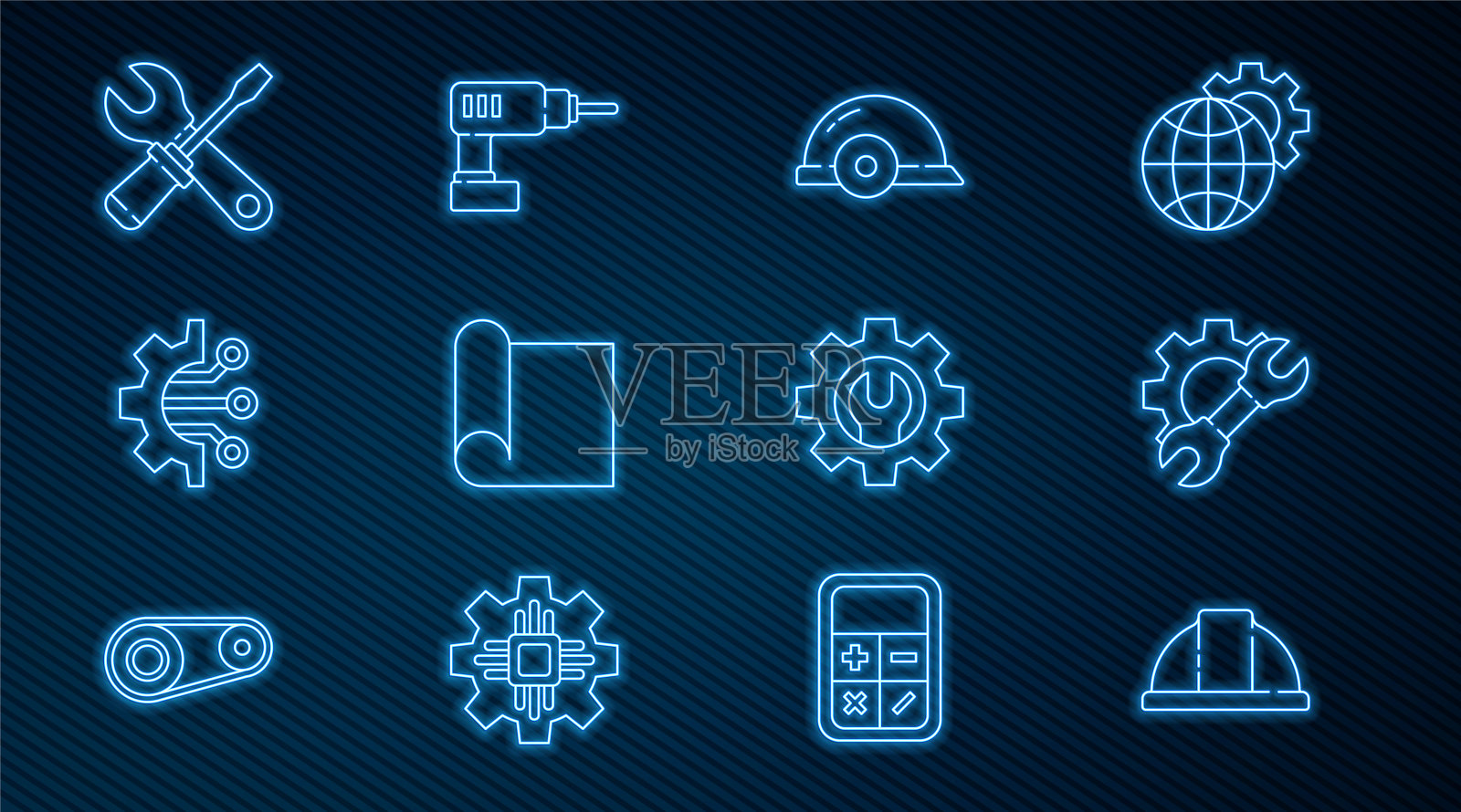 设置线工人安全帽、扳手扳手及齿轮、工程制图纸、算法、螺丝刀扳手、电钻图标。向量插画图片素材