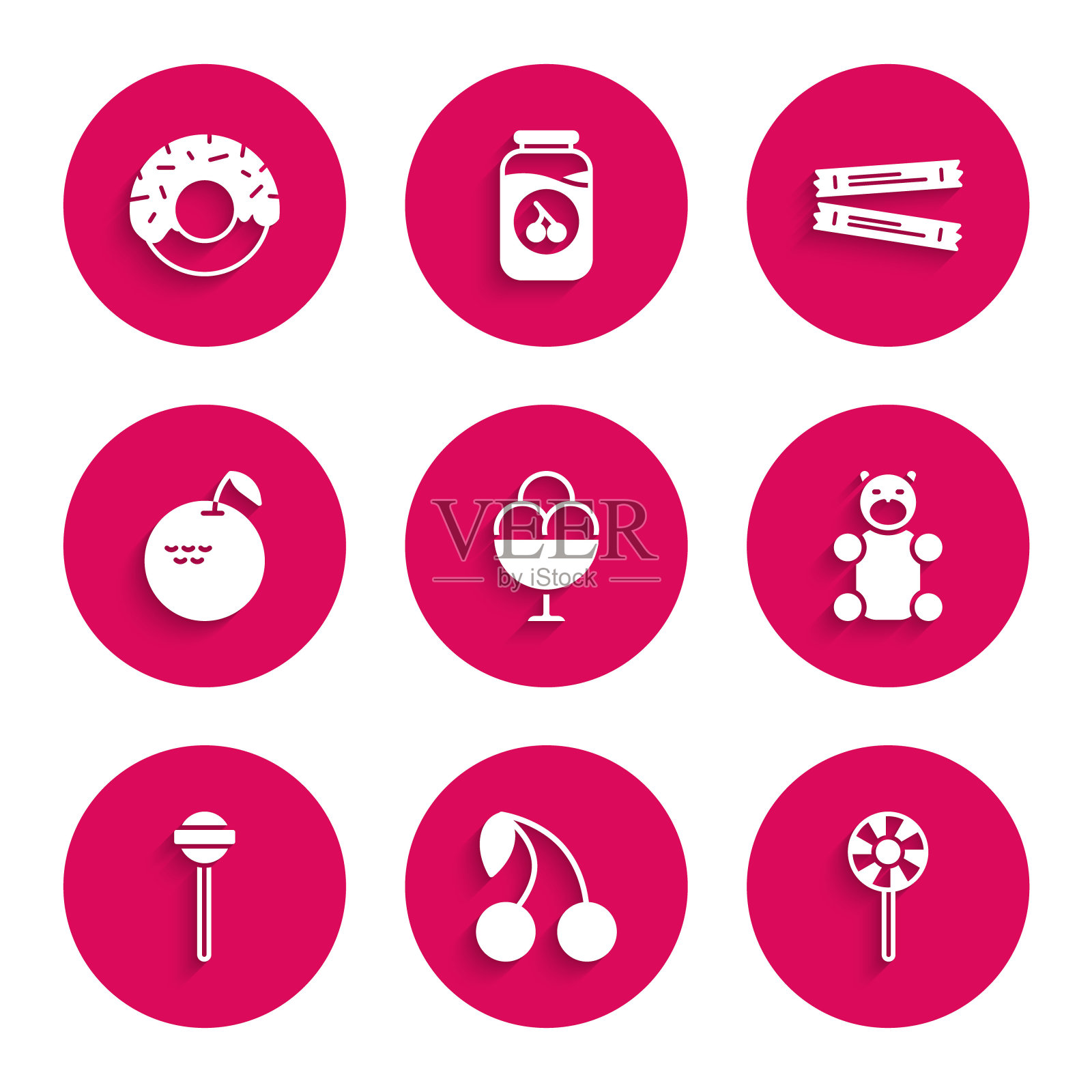 设置冰淇淋碗，樱桃，棒棒糖，果冻熊糖果，苹果，糖棒包和甜甜圈图标。向量图标素材