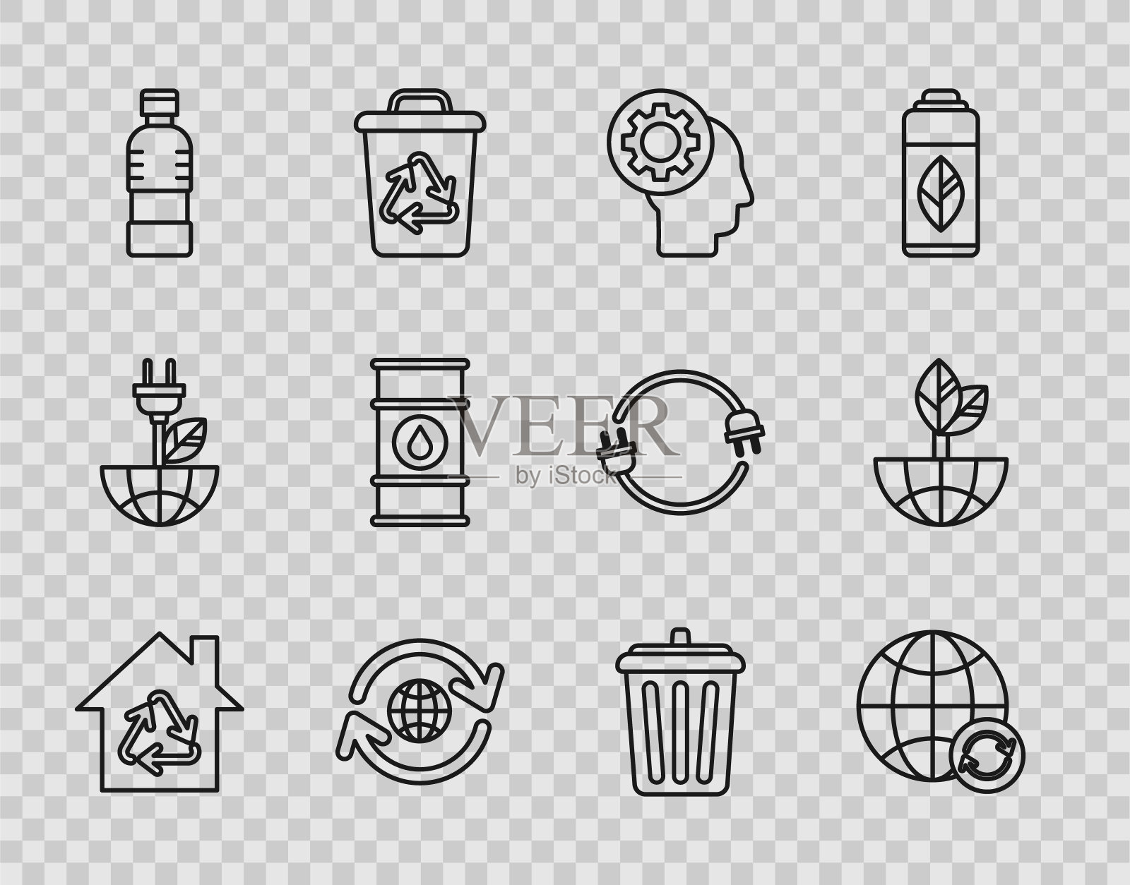Set line Eco House with recycling symbol, Planet earth and a, Human head gear inside, Bottle of water, Oil barrel line, Trash can and earth globe leaf图标。向量图标素材