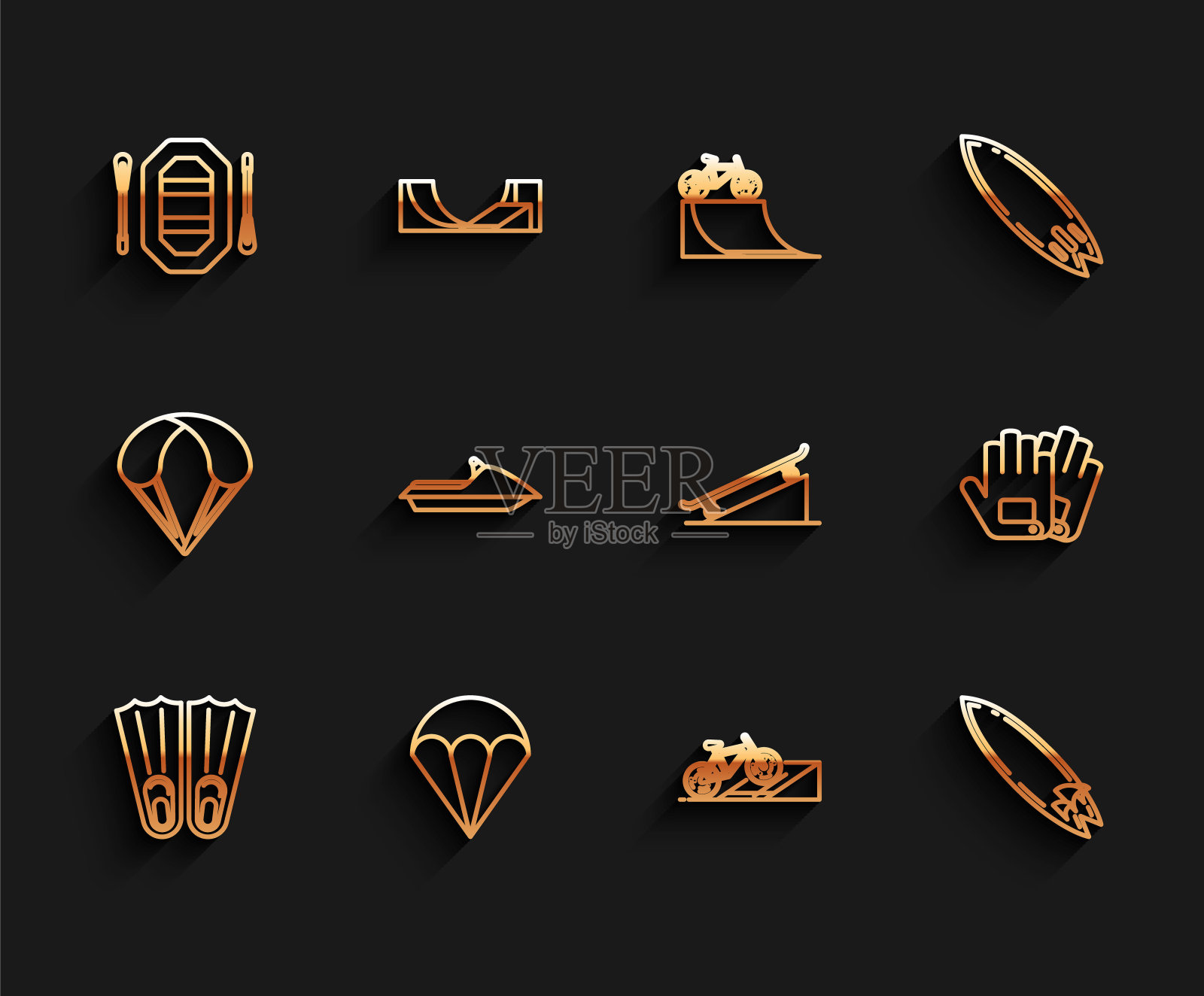 设置线橡胶鳍为游泳，降落伞，漂流船，自行车在街道坡道，冲浪板，水上摩托艇，手套和滑板图标。向量图标素材