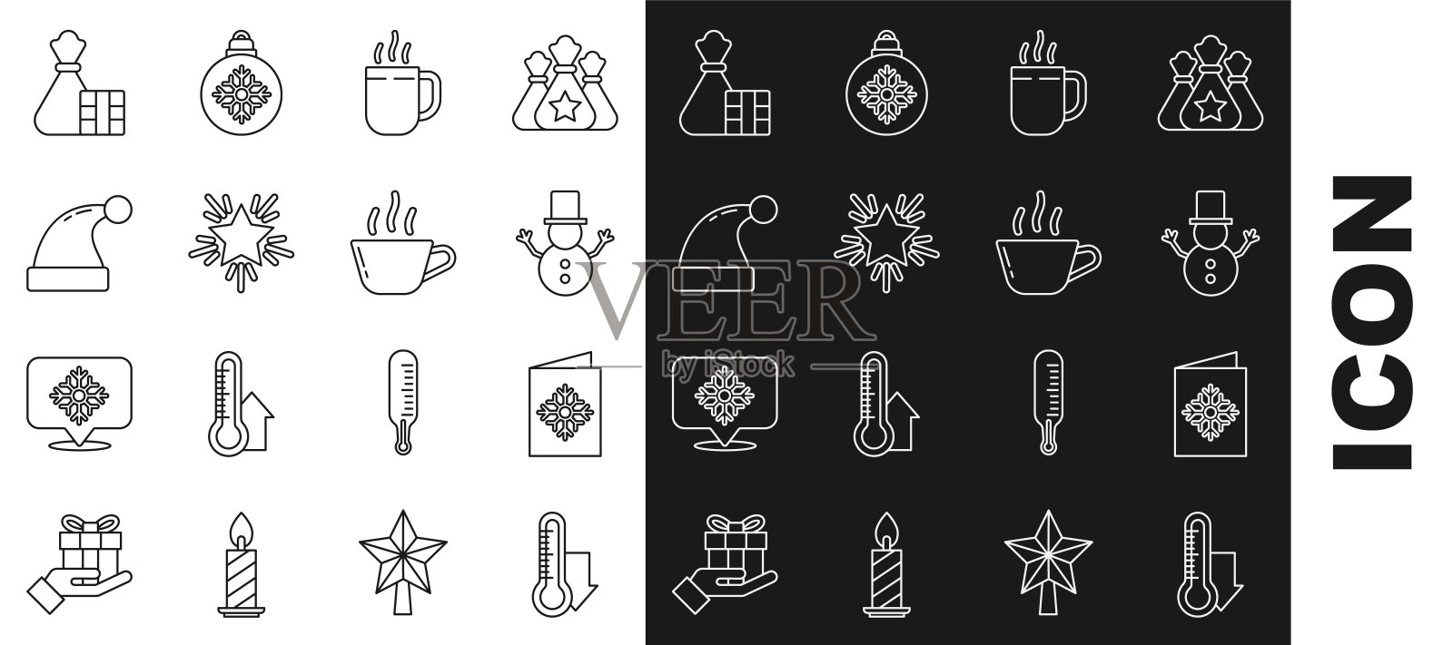 设置线气象温度计测量，圣诞明信片，雪人，咖啡杯，星星，圣诞老人帽子，礼品盒和袋和图标。向量图标素材