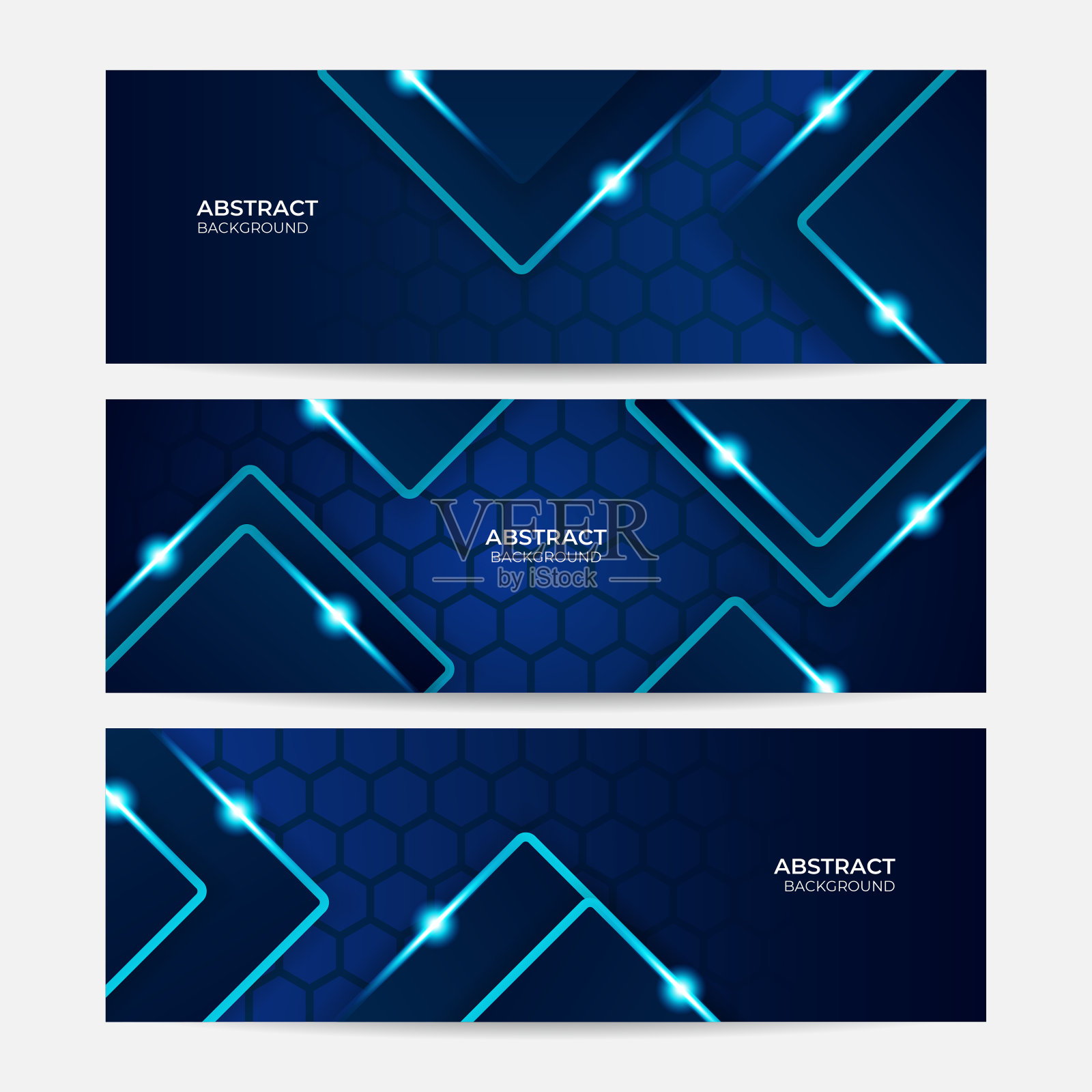 一套抽象几何深蓝旗帜背景。标题模板集。现代抽象设计。抽象蓝线商业数字技术背景设计模板素材