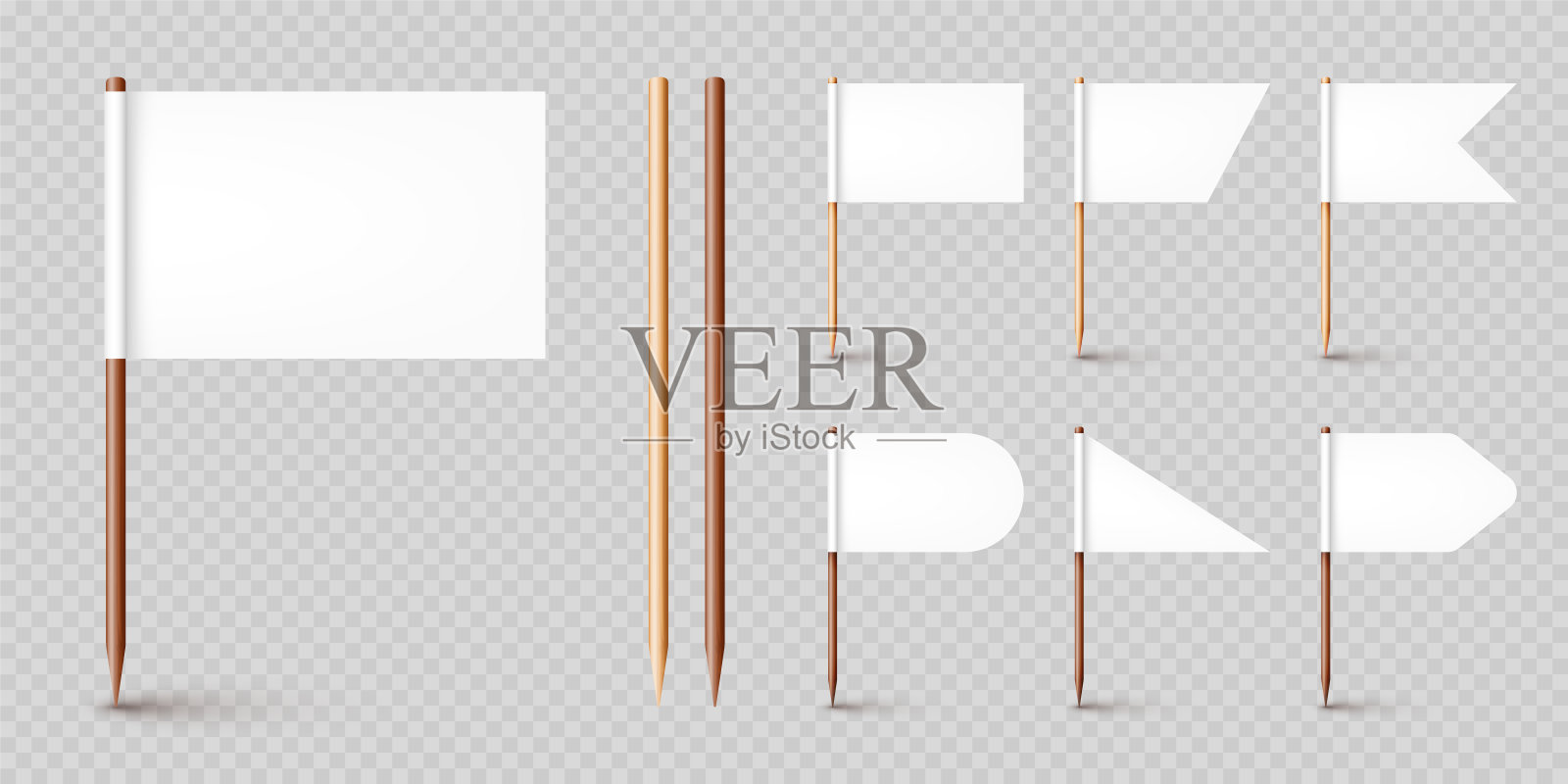 现实的各种牙签旗。木制牙签与白纸旗。位置标记，地图指针。广告和促销的空白模型。矢量图设计元素图片