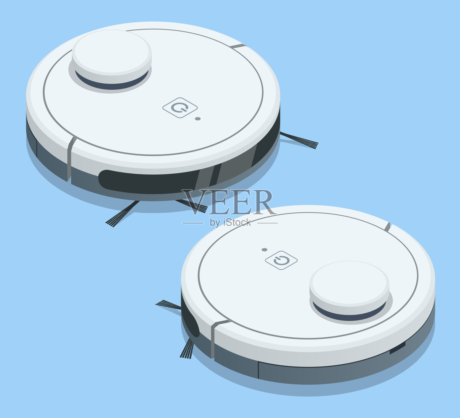 等距机器人真空吸尘器。吸尘器机器人通过无线与智能手机通信。插画图片素材