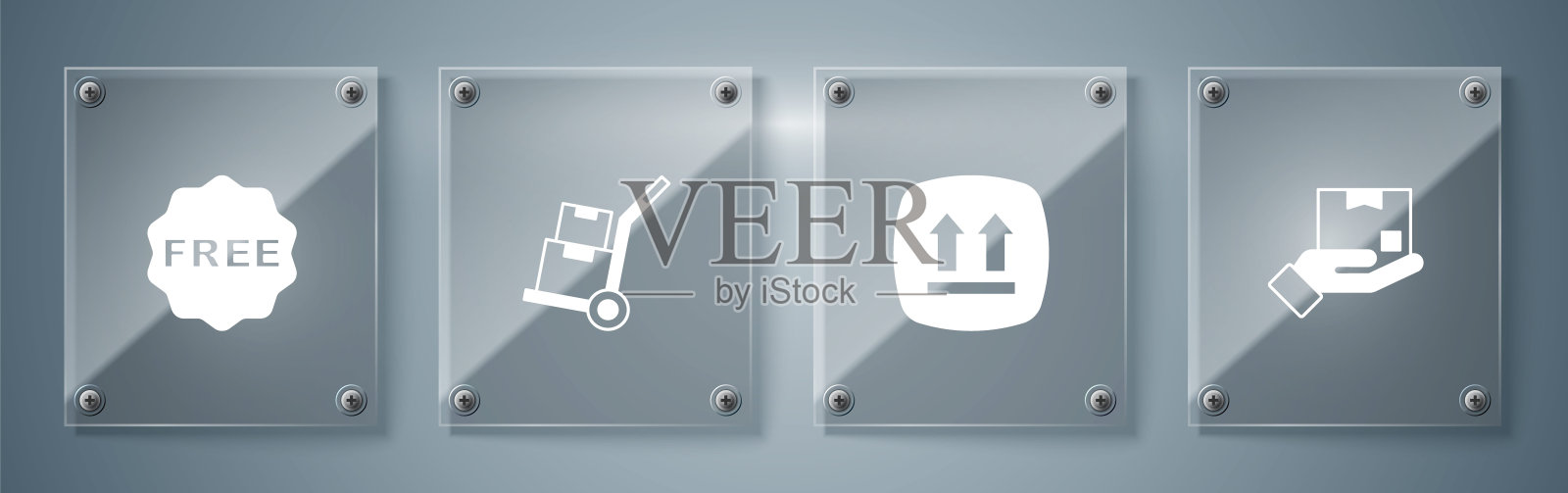 设置送货手与箱子，这一面向上，手动卡车箱子和大米标签免费。方形玻璃面板。向量插画图片素材