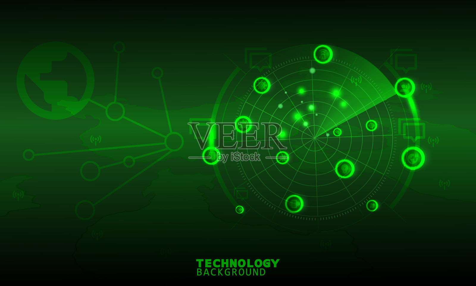 雷达扫描技术概念。技术背景。霓虹灯的效果。电路板的概念。插画图片素材
