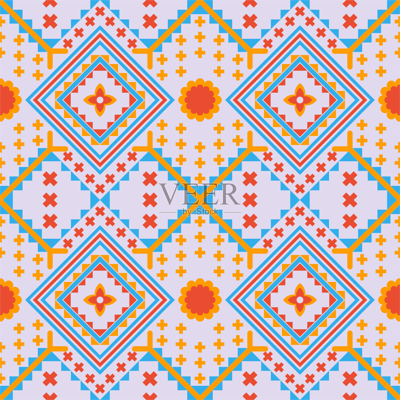 方布图案东方民族传统。图案设计面料花卉、方形、民族几何无缝。背景，地毯，壁纸，衣服，包装，蜡染，矢量插图。插画图片素材
