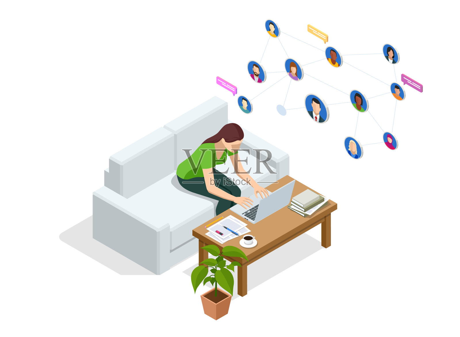 等距社交网络概念。女性笔记本电脑使用，社会，媒体，营销概念。在线信息服务。聊天移动应用程序插画图片素材